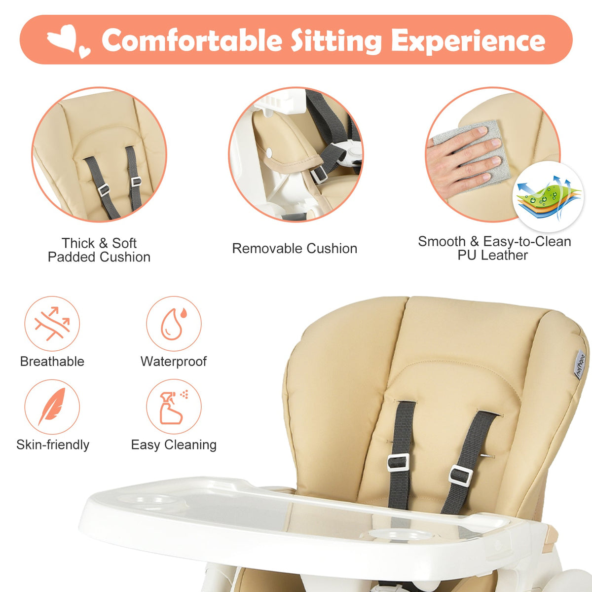 Foldable Baby High Chair with Double Removable Trays and Book Holder-Beige