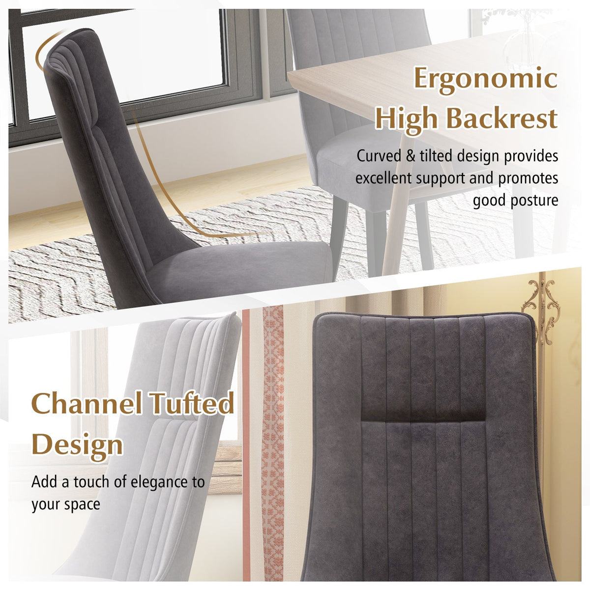 Channel Tufted Dining Chairs Set of 2 Upholstered Kitchen Side Chairs with High Backrest-Gray