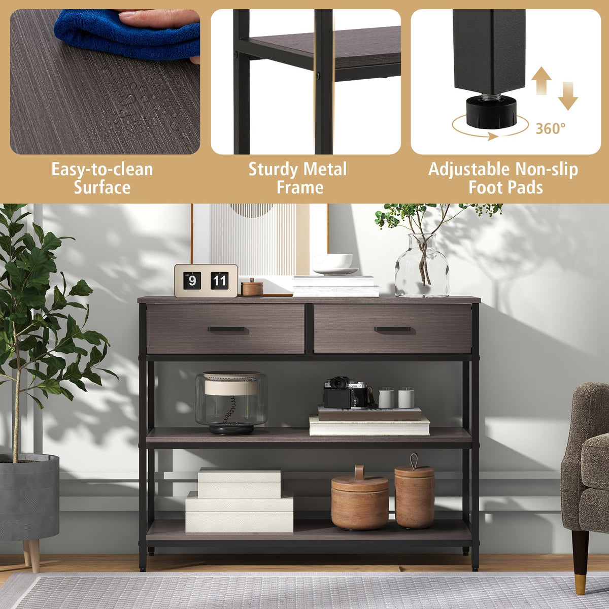 Console Table with Folding Fabric Drawers for Entryway