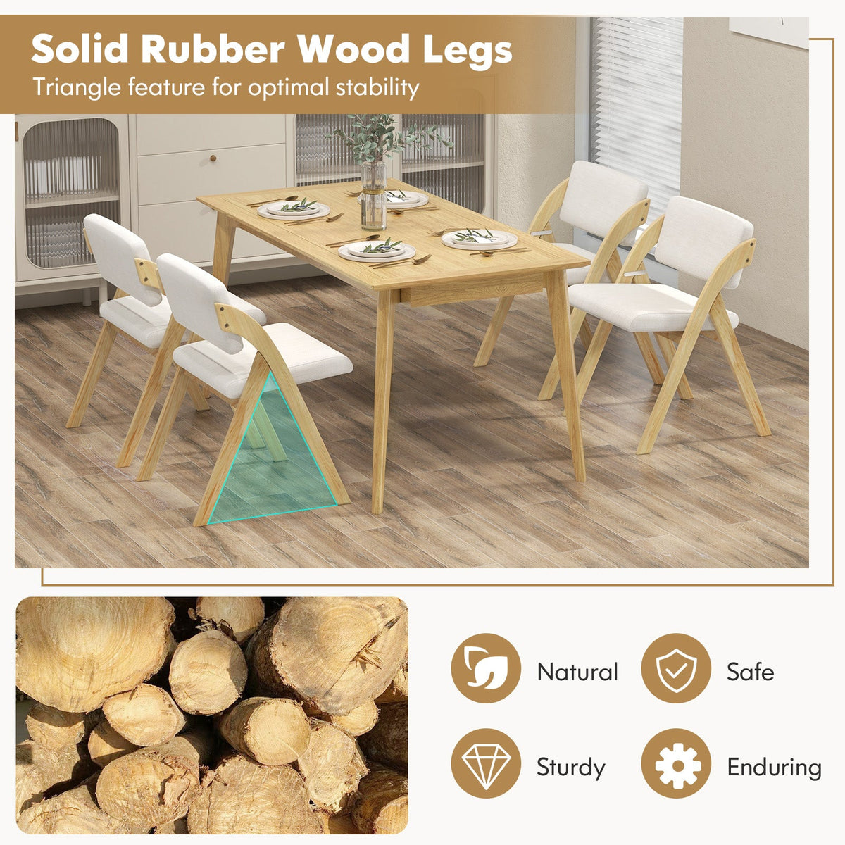 Set of 2 Folding Kitchen Dining Chairs with Rubber Wood Legs