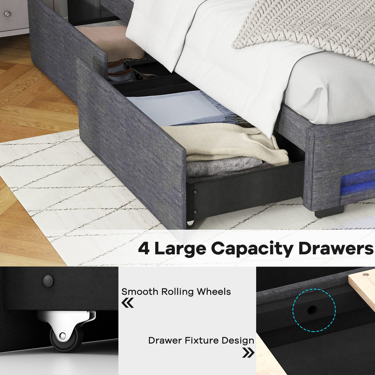 Full Size Bed Frame with LED Lights Wingback Headboard and Charging Station-Grey