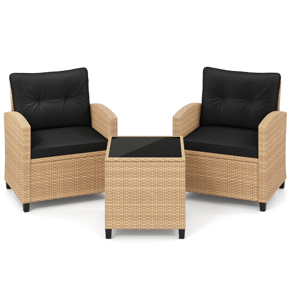 3 Pieces Patio Furniture Set with Tempered Glass Coffee Table