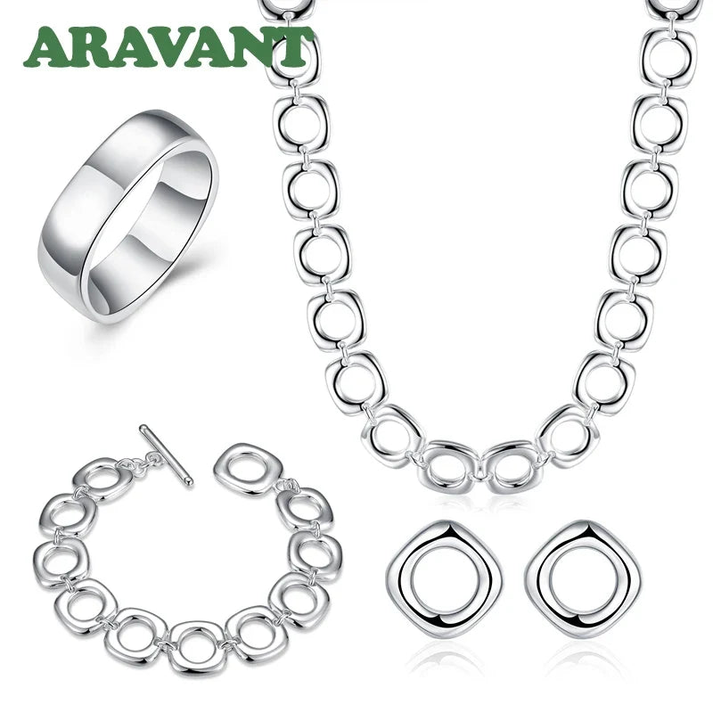 Aravant 925 Silver Square Earrings Rings Necklace Bracelet Set For Women Party Jewelry Christmas Gift