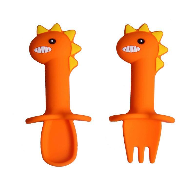 New Baby Feeding Spoon Fork Set Short Easy Cartoon Dinosaur Soft Silicone Teether Toys Non-hurt Training Tableware
