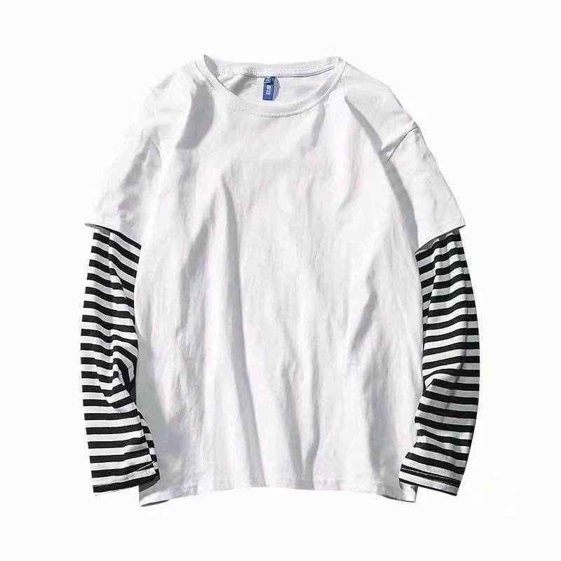 Fake Two Striped Color Matching Stitching Long Sleeve Women T-shirt Hip Hop Style Bottoming Shirt