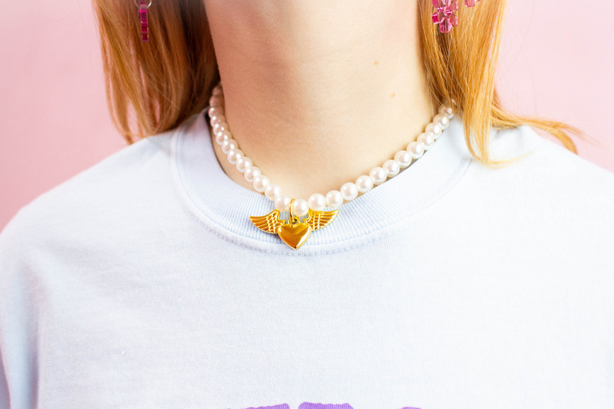 Pearly Winged Heart Charm Choker Necklace