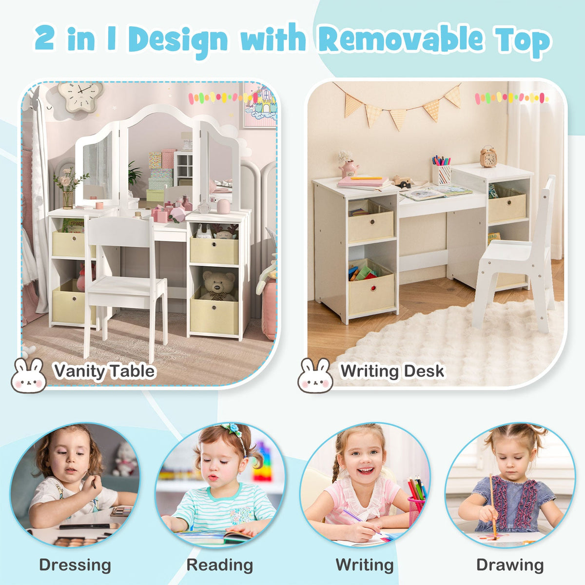 Kids Vanity Table and Chair Set with Removable Mirrors and 4 Storage Bins-White