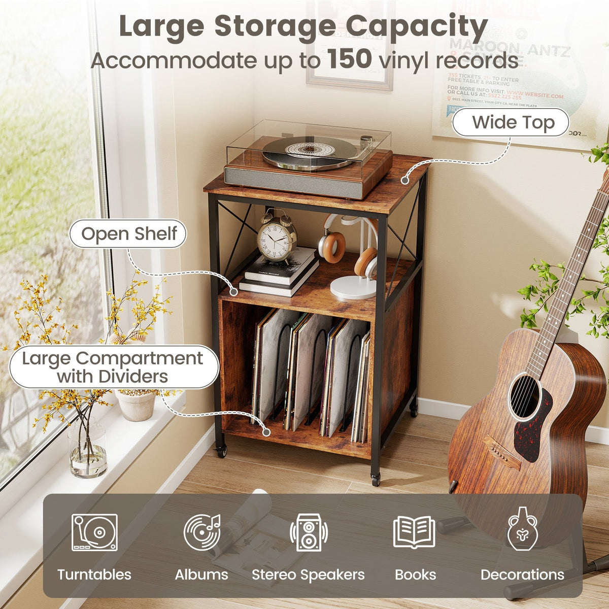 Mobile Record Player Stand with Power Outlet with Open Shelf and Dividers-Rustic Brown