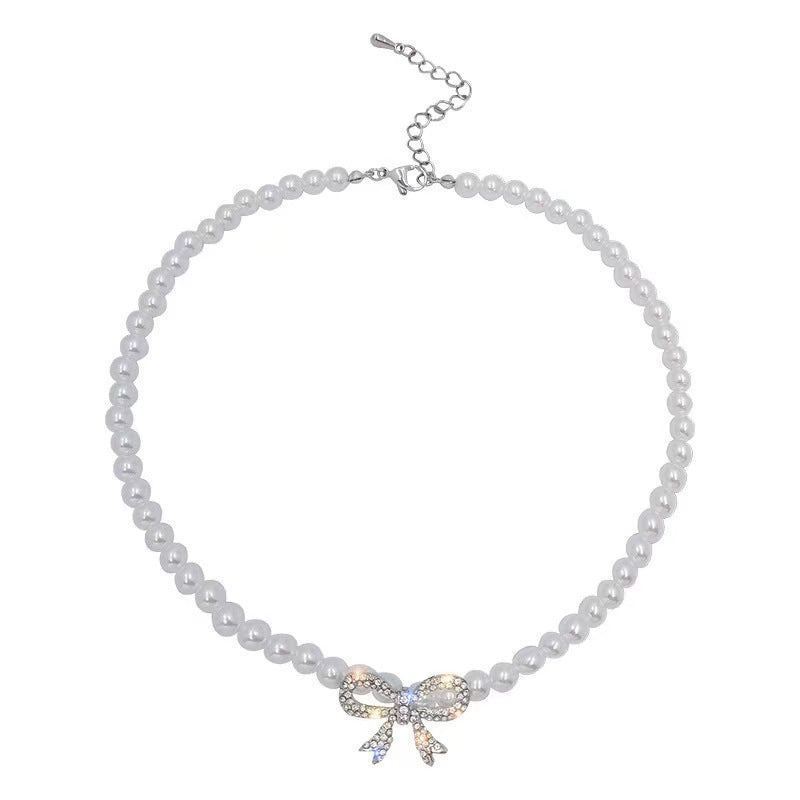 Pearl Rhinestone Bowknot Shiny Choker Necklace for Women