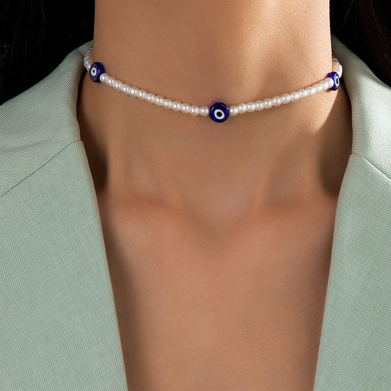 Blue Eyed Beads Pendant Women Pearl Necklace Simple Short Collar