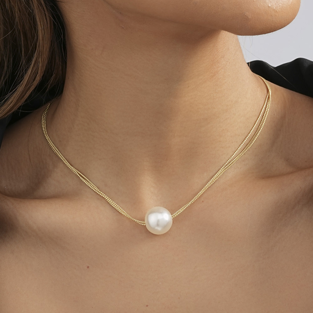Double Layer Chain Necklace Big Pearl