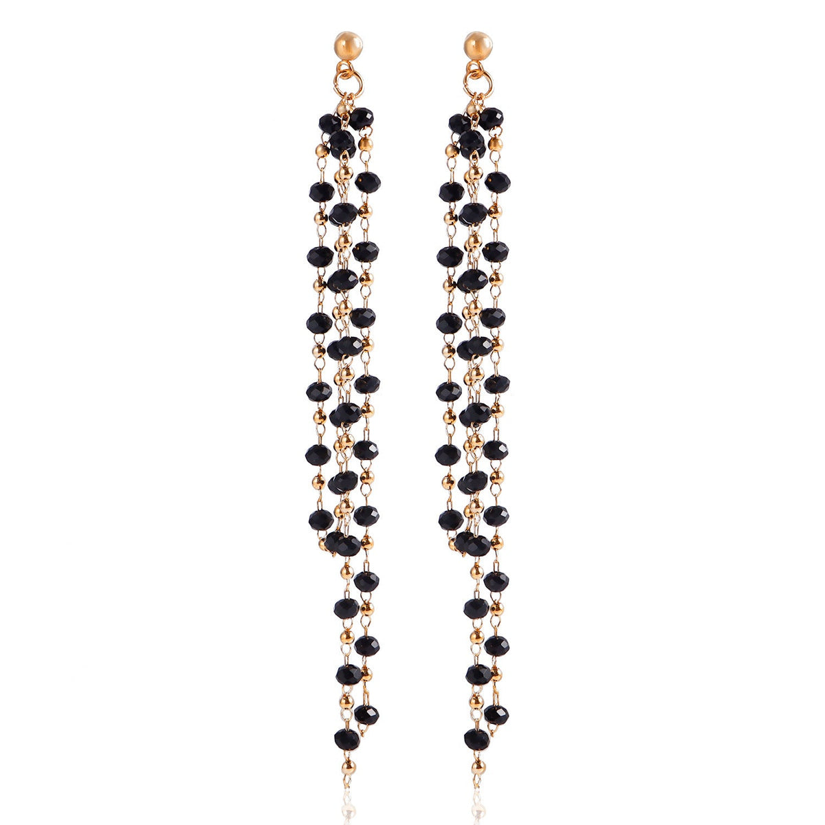 Black Glass Bead Tassel Earrings