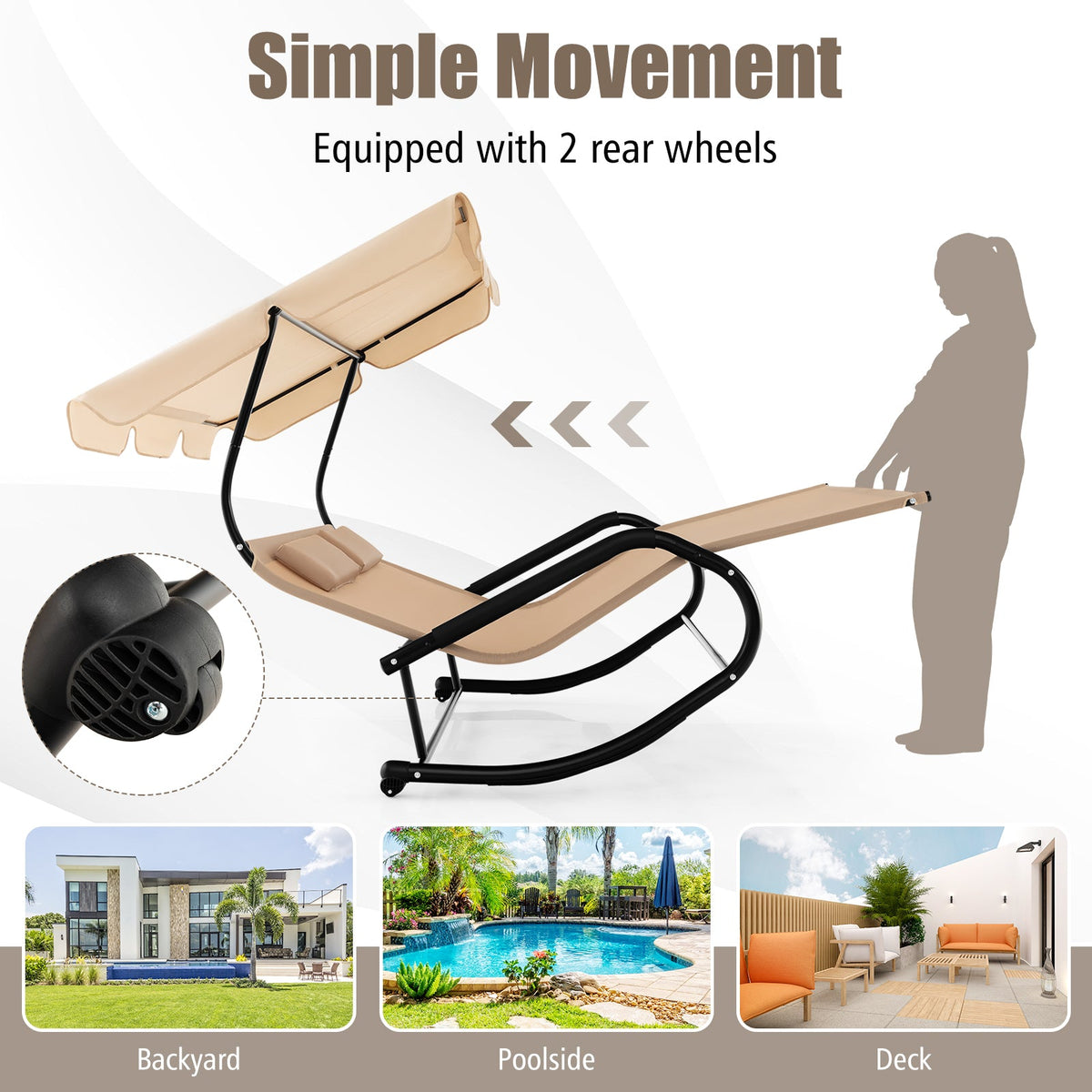Outdoor 2 Persons Rocking Chaise Lounge with Canopy and Wheels-Beige