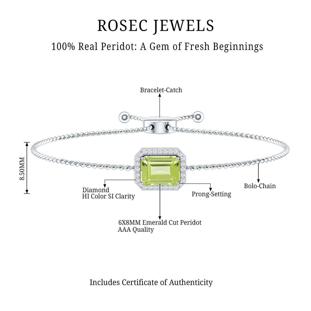 1.8 Carat Emerald Cut Peridot and Diamond Bolo Chain Bracelet