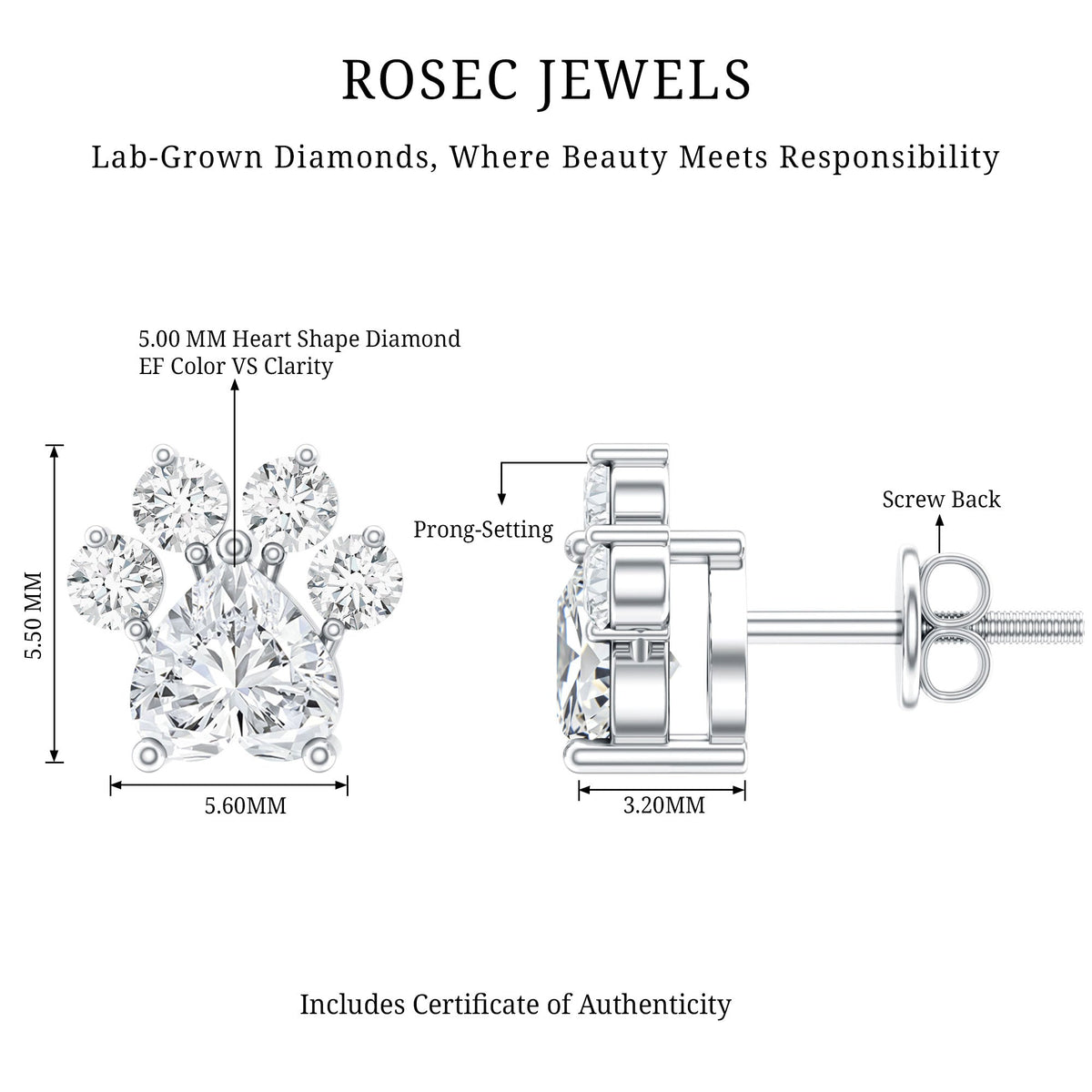 Certified Lab Grown Diamond Dog Paw Stud Earrings
