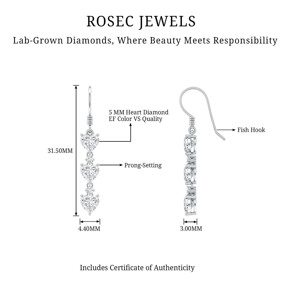 Certified Lab Heart Shaped Diamond Fish Hook Dangle Earrings