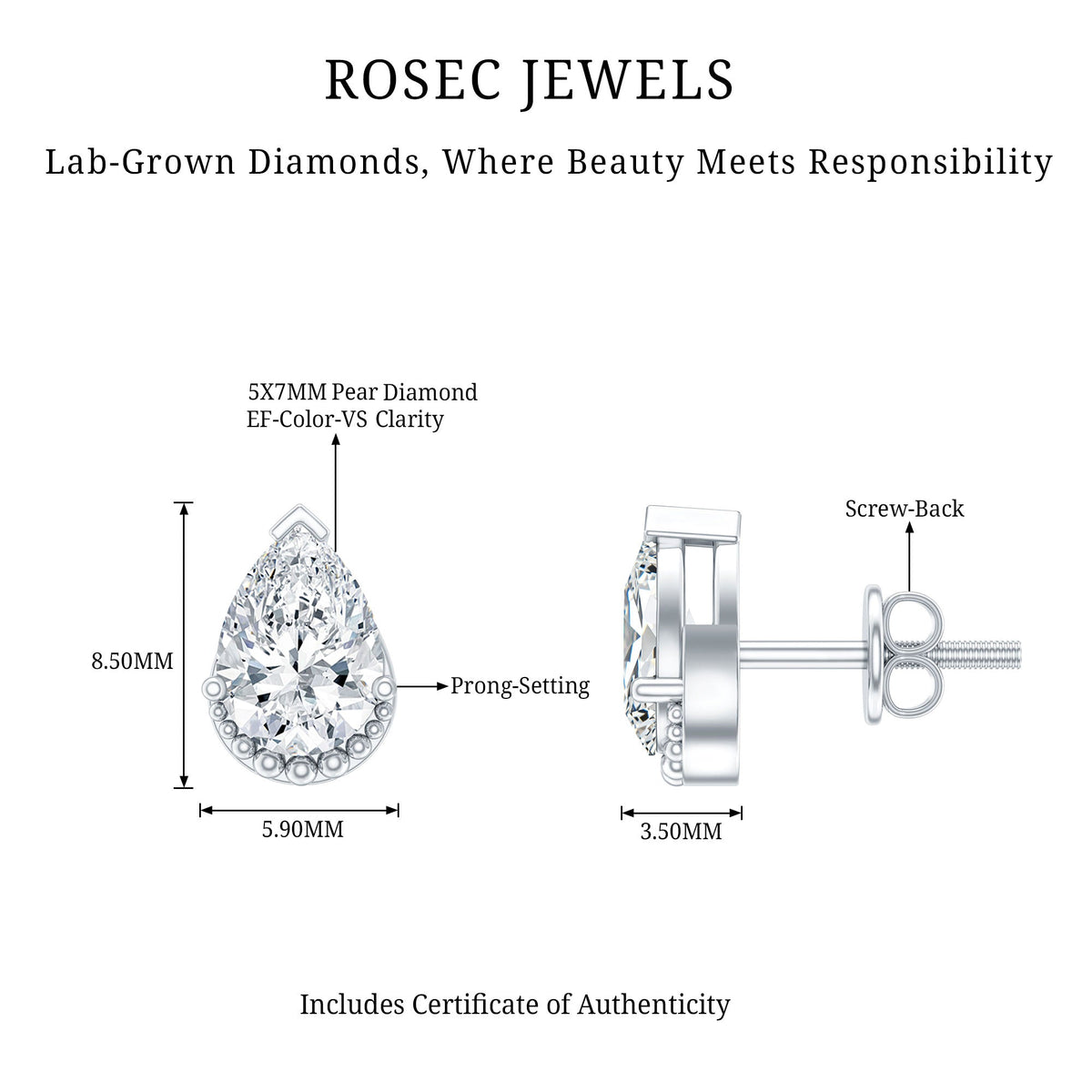 Certified Lab 1.3 Carat Pear Diamond Designer Stud Earrings