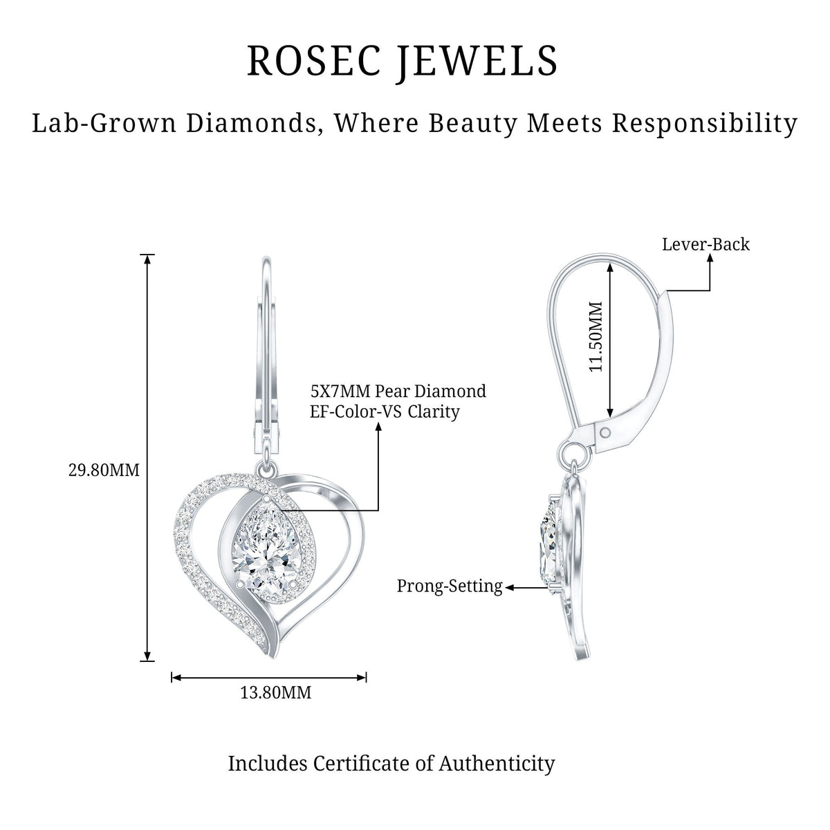 Certified 1.3 Carat Pear Lab Grown Diamond Heart Drop Earrings