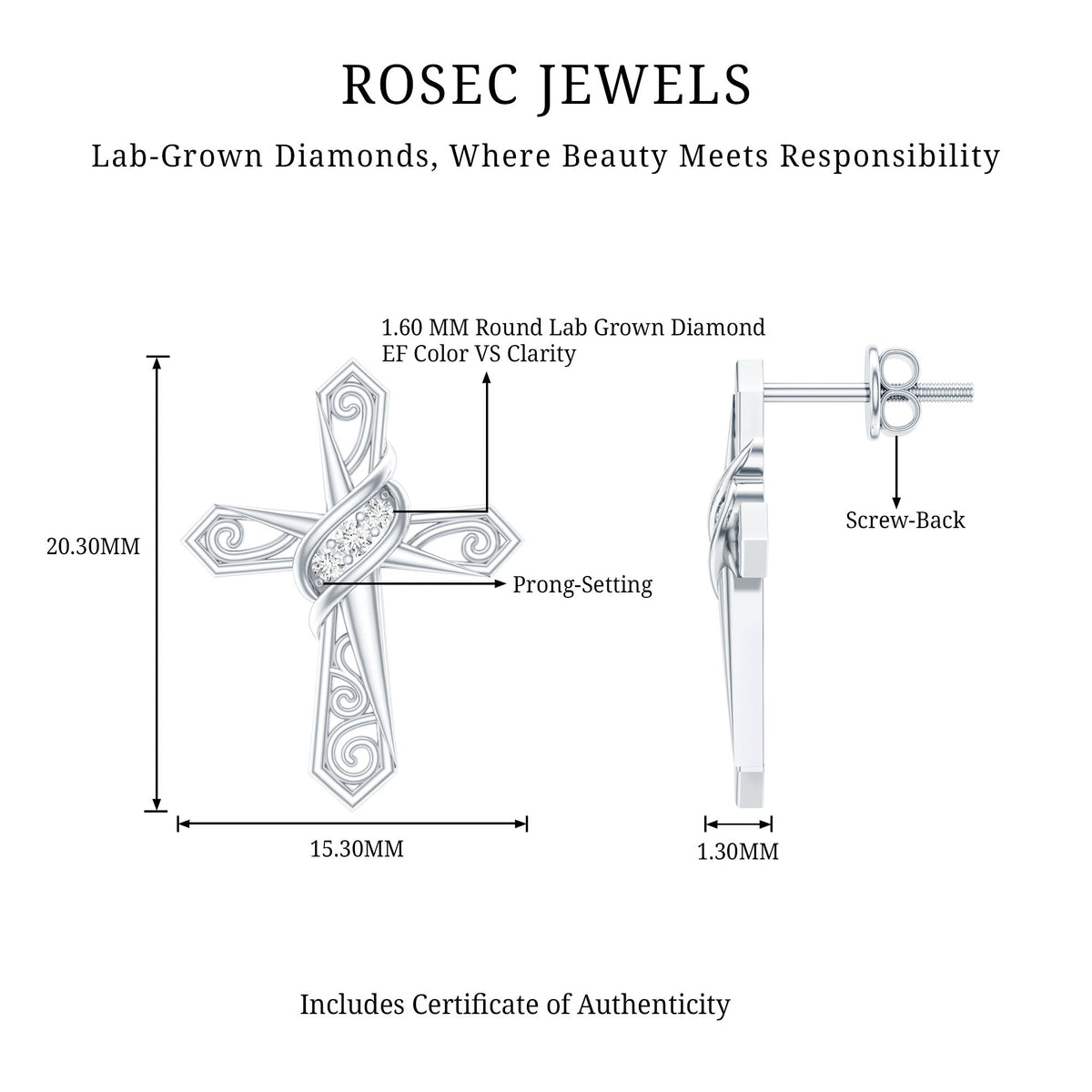 Certified Lab Grown Diamond Cross Art Deco Stud Earrings