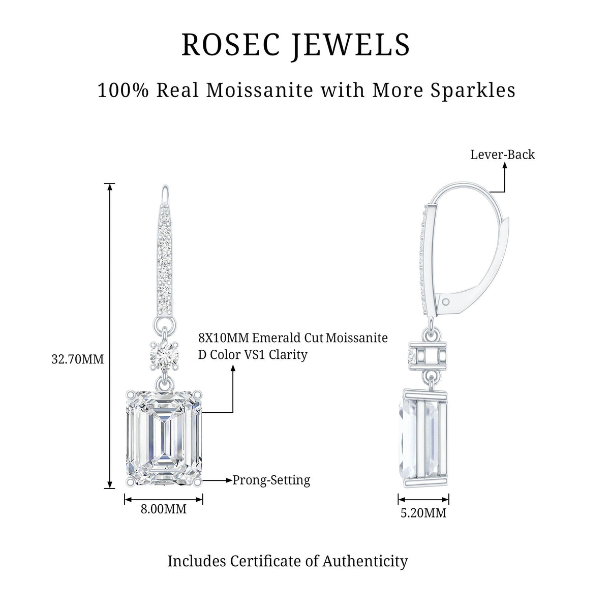 Certified 7 Carat Moissanite Silver Dangle Earrings For Women