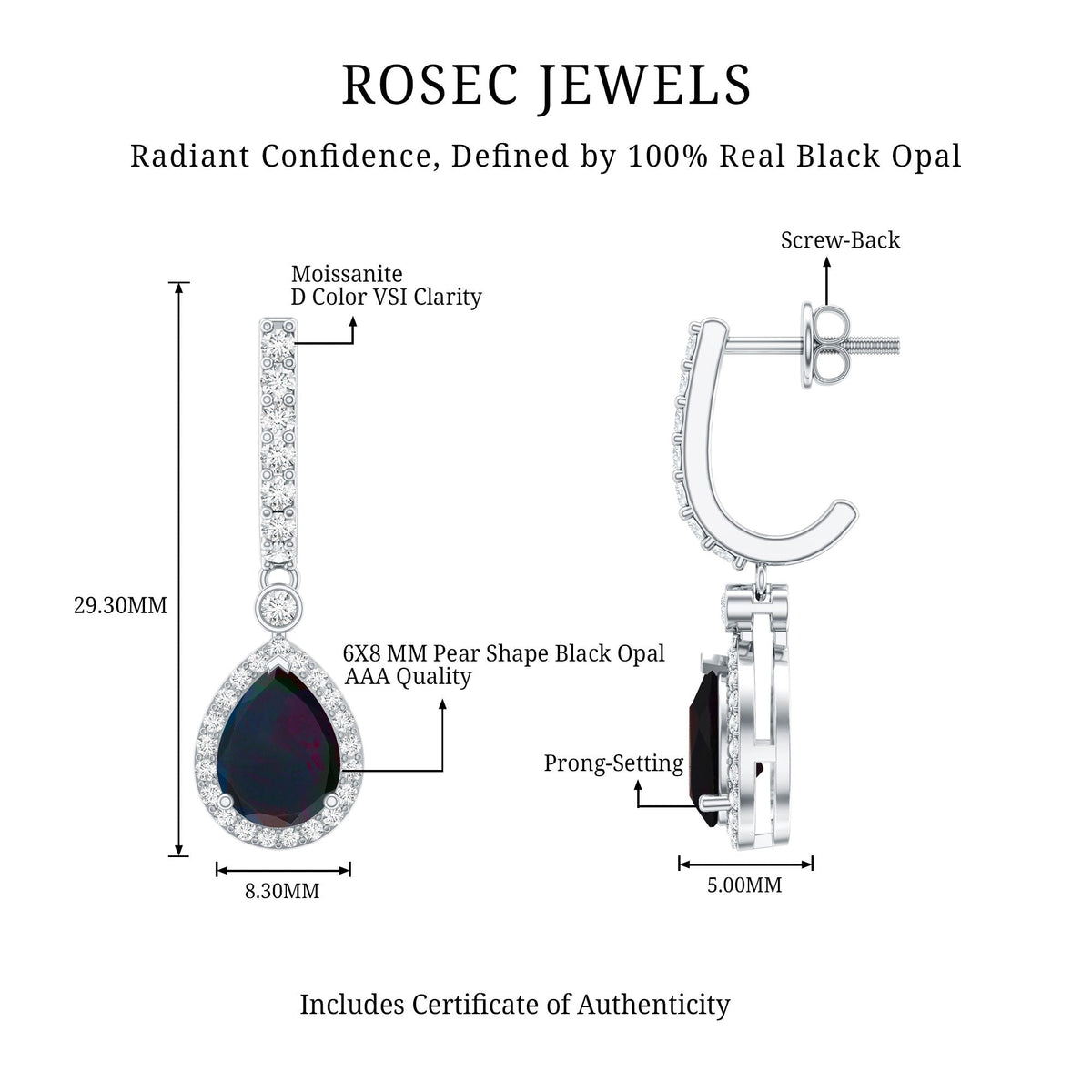 Natural 2 Carat Black Opal Teardrop Earrings with Moissanite