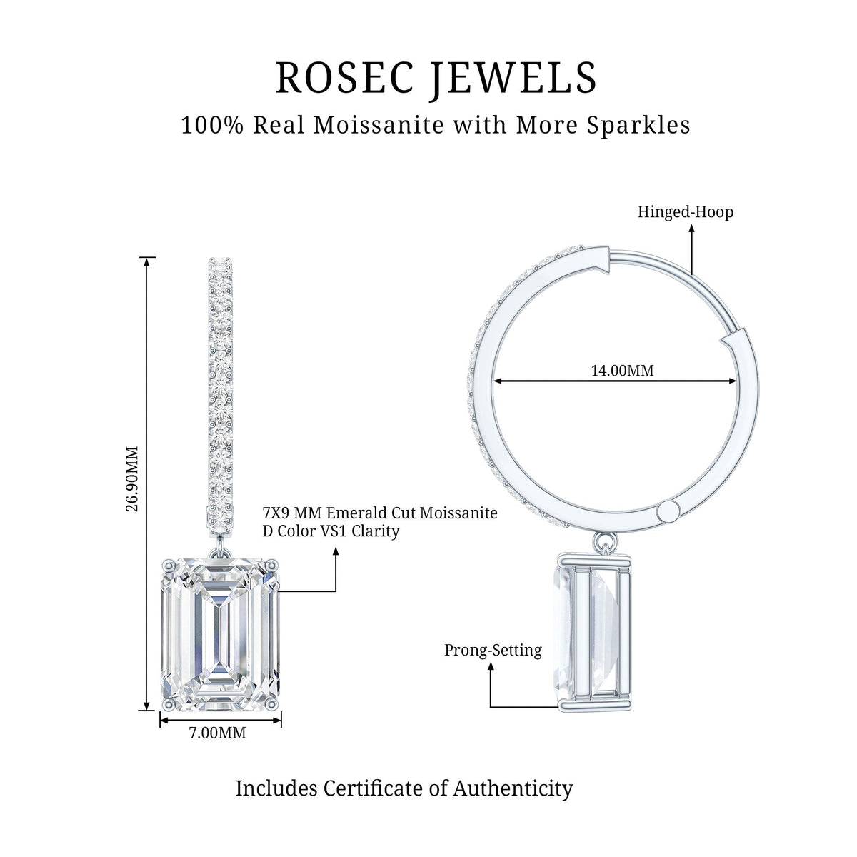 Certified 5.6 Carat Emerald Cut Moissanite Drop Hoop Earrings