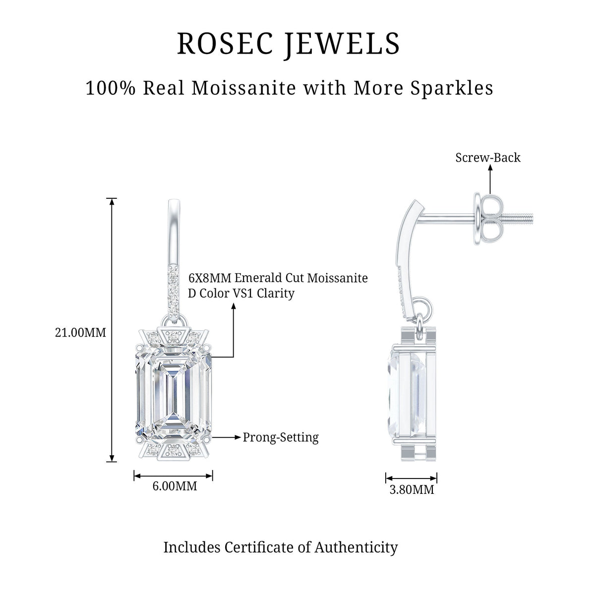 3.5 Carat Emerald Cut Moissanite Drop Earrings for Women