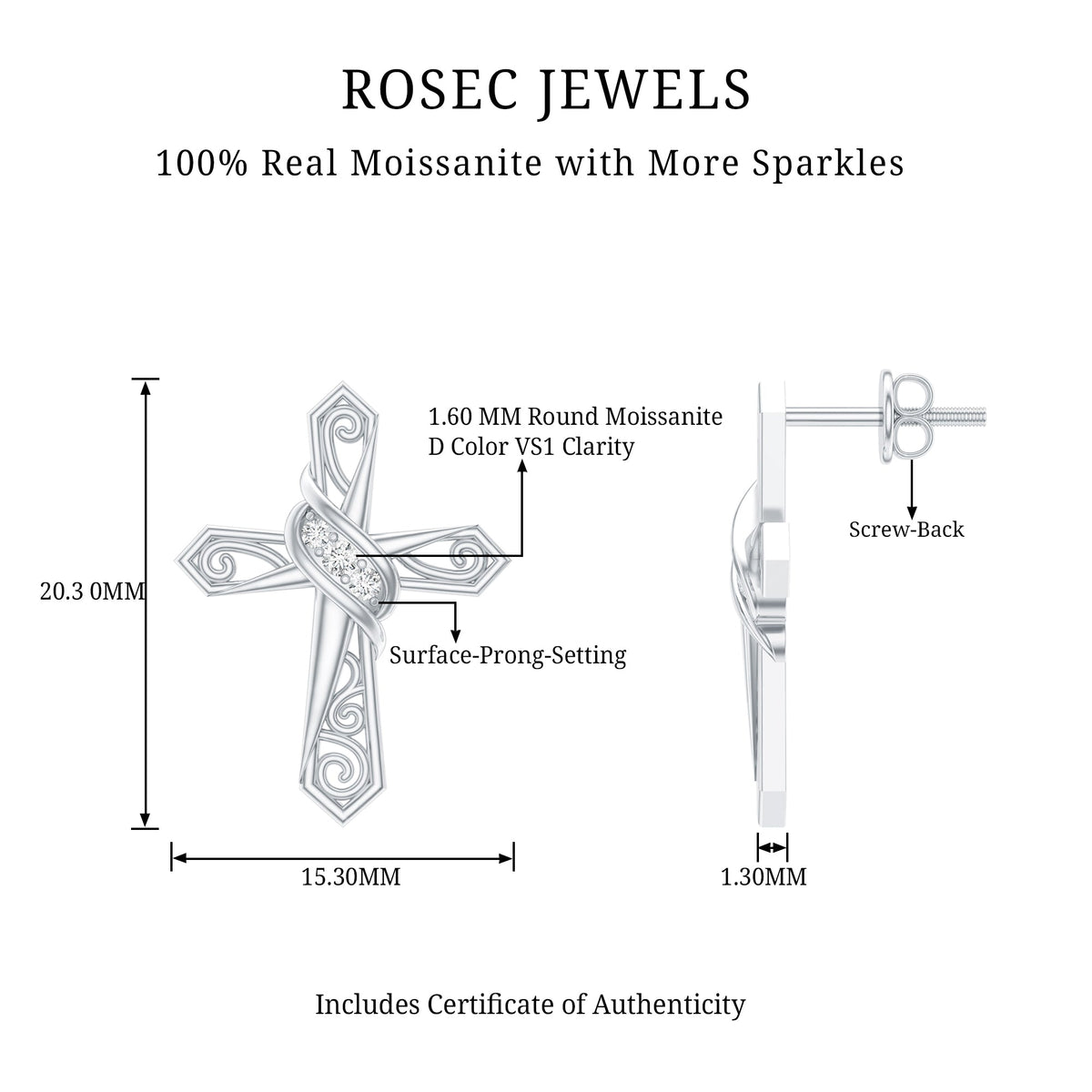 Certified Moissanite Vintage Cross Stud Earrings in Silver