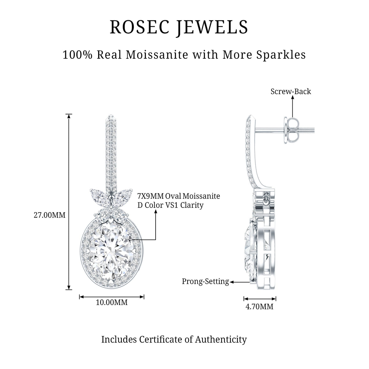 Certified 7X9 MM Oval Moissanite Wedding Drop Earrings with Screw Back