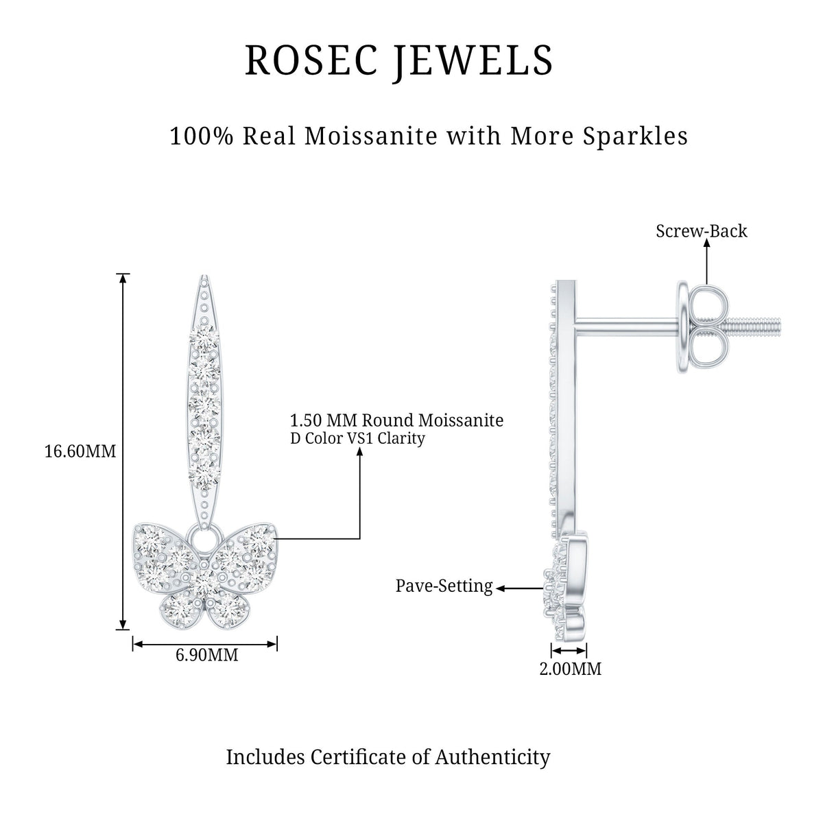 Certified Moissanite Butterfly Drop Earrings for Women