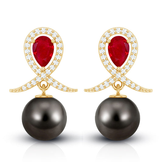 Vintage Style Tahitian Black Pearl Bridal Earrings with Ruby