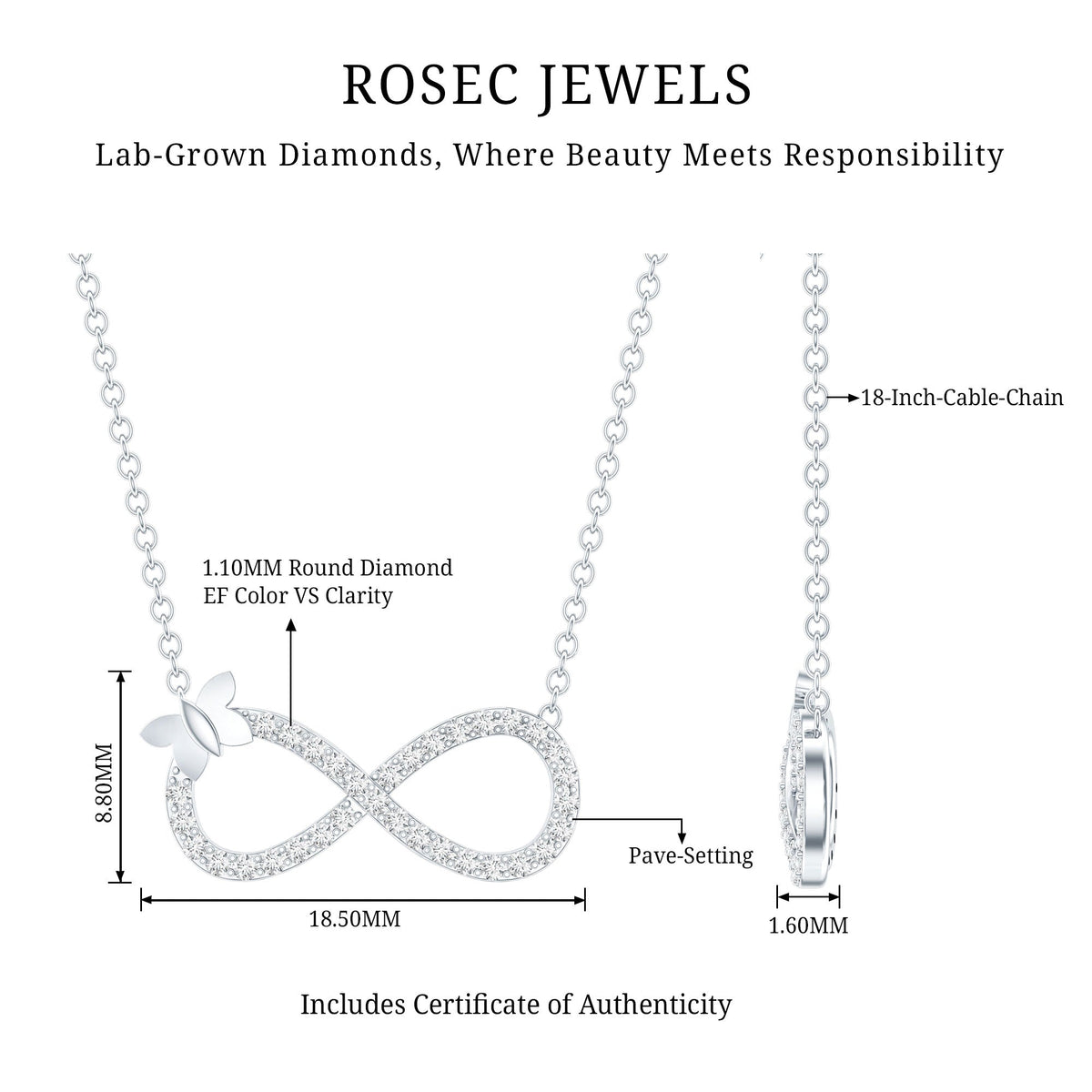 Lab Pave Set Diamond Sideways Infinity Butterfly Necklace