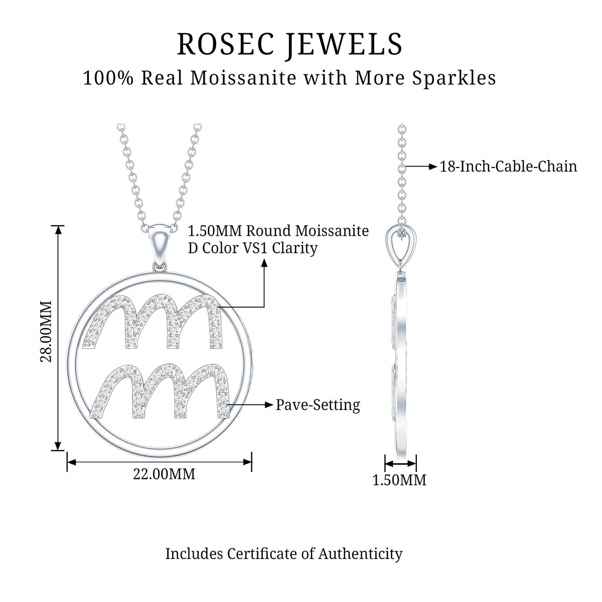 Certified Moissanite Zodiac Aquarius Pendant Necklace