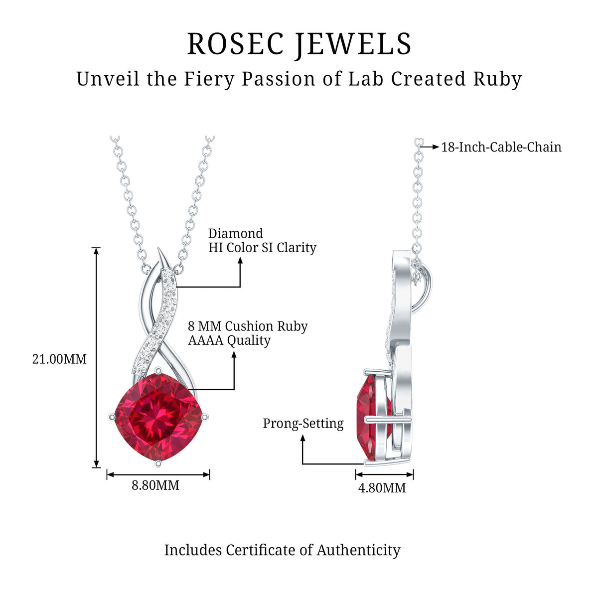 Cushion Cut Created Ruby Solitaire Infinity Pendant with Diamond