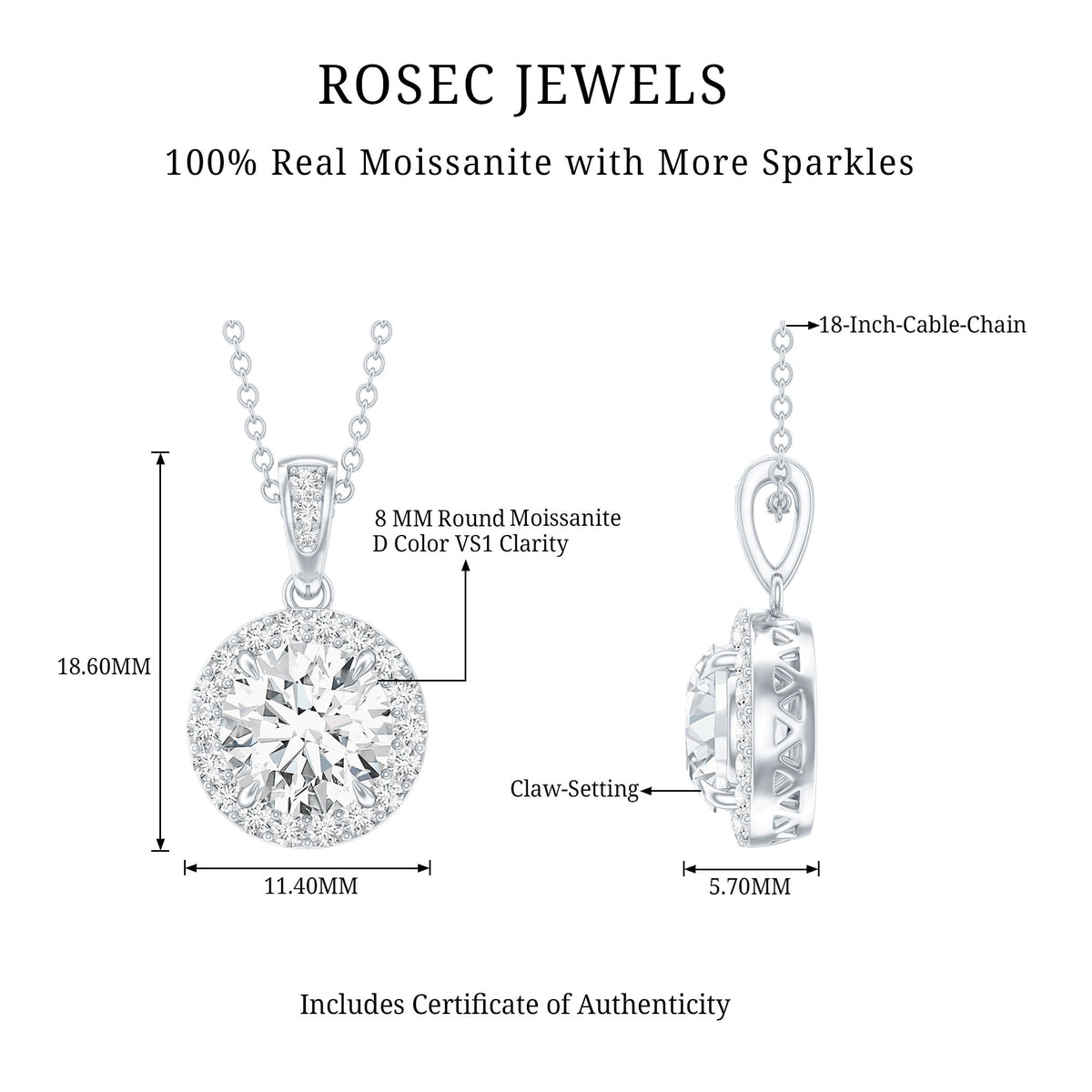 Round Moissanite Classic Halo Pendant Necklace