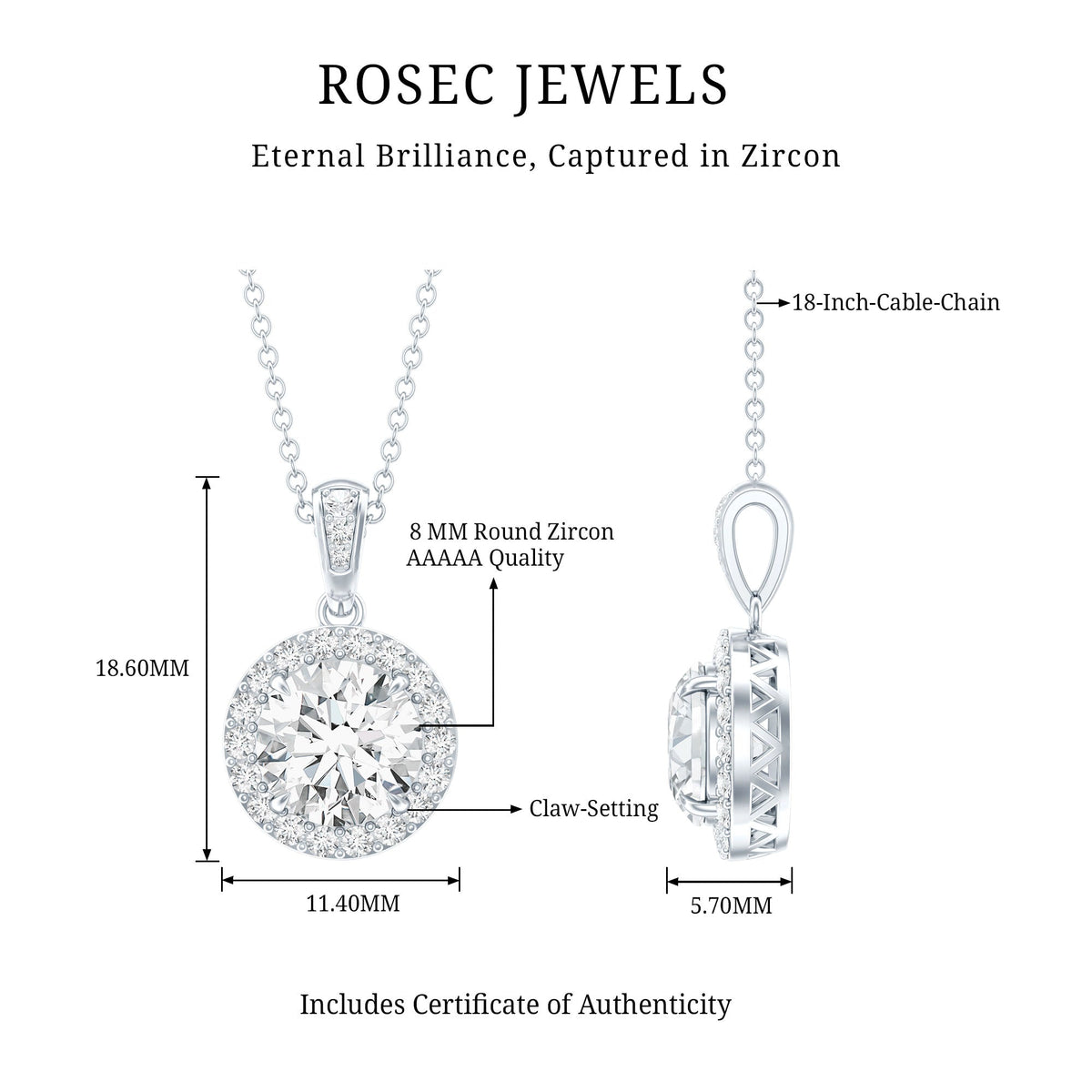 Certified 8 MM Round Cubic Zirconia Halo Necklace with Chain