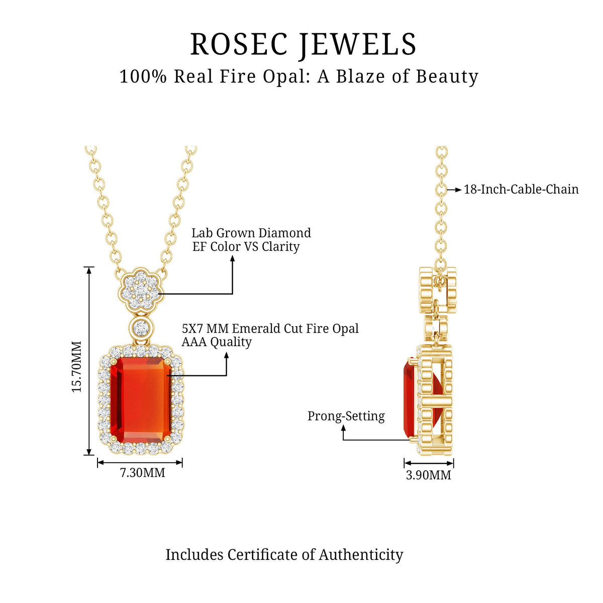 Vintage Style 1 Carat Emerald Cut Fire Opal Necklace with Diamond