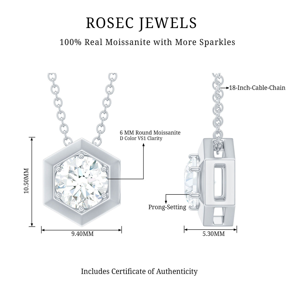 Certified Moissanite Solitaire Hexagonal Pendant