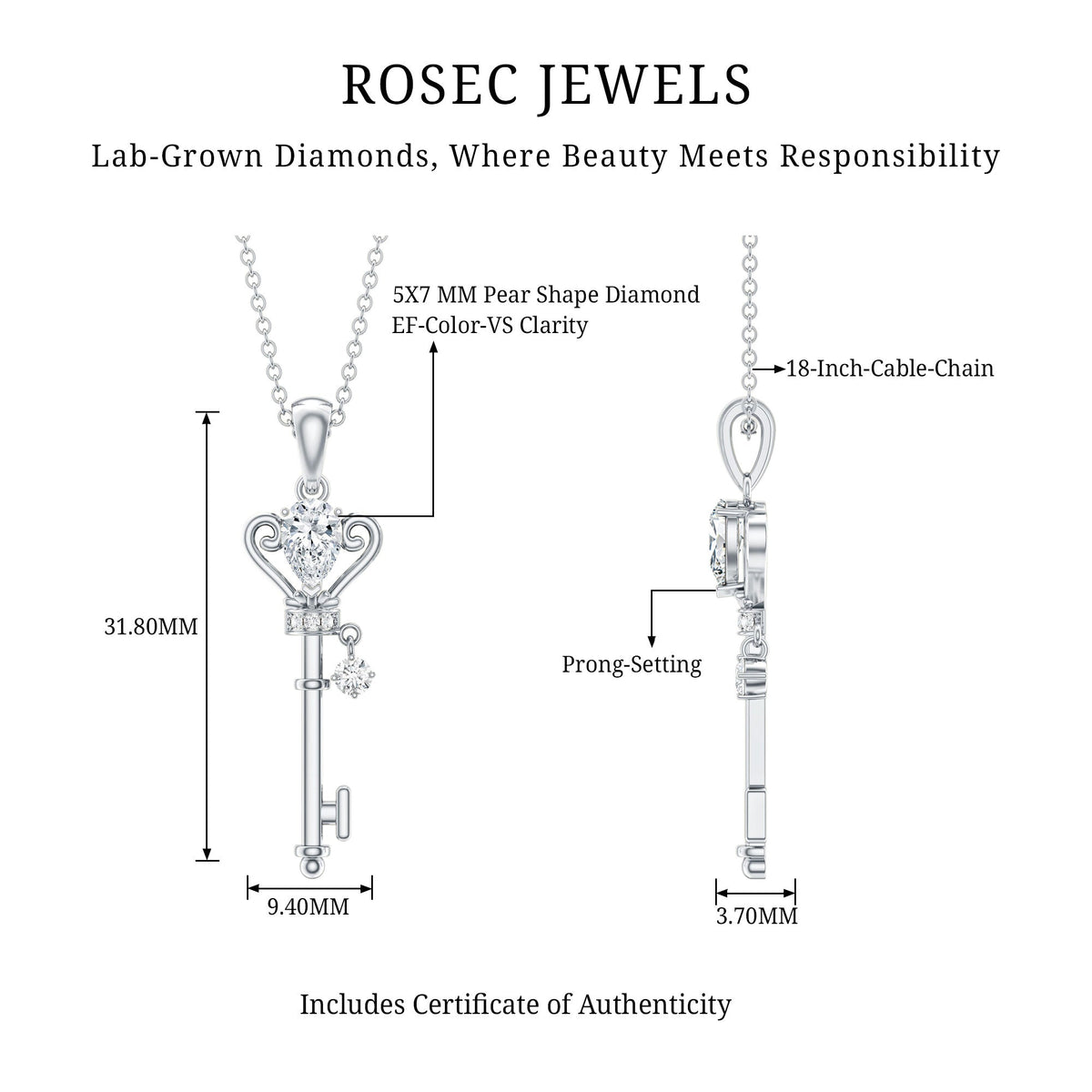 Certified Pear Shaped 0.6 Carat Lab Created Diamond Key Pendant