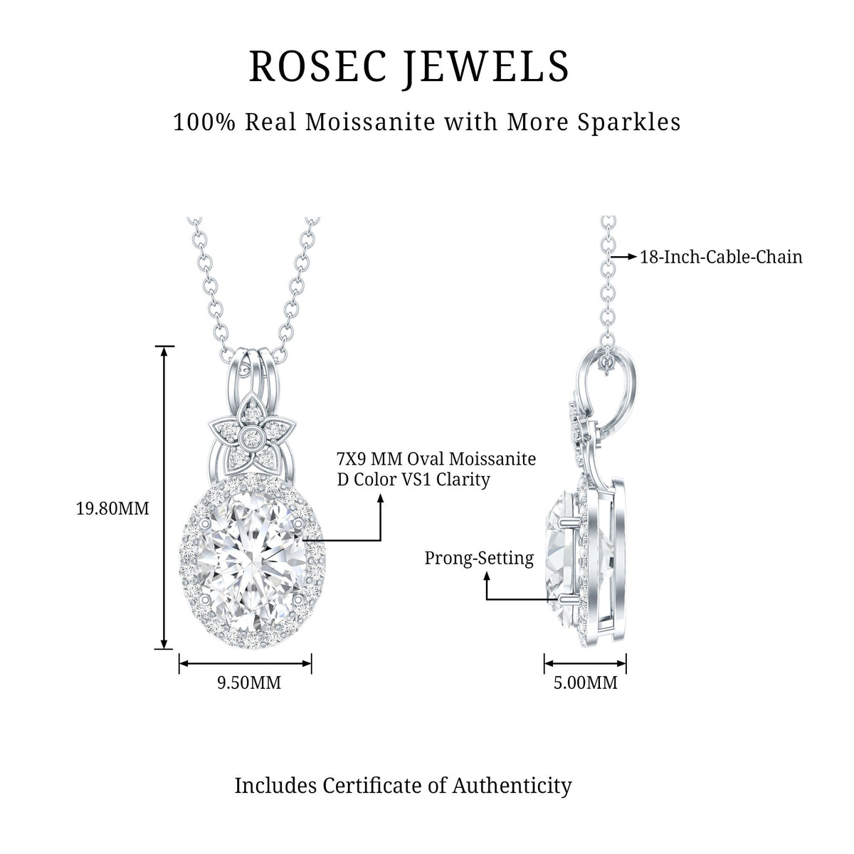 2 Carat Vintage Inspired Moissanite Halo Necklace in 14k Gold Plated Silver
