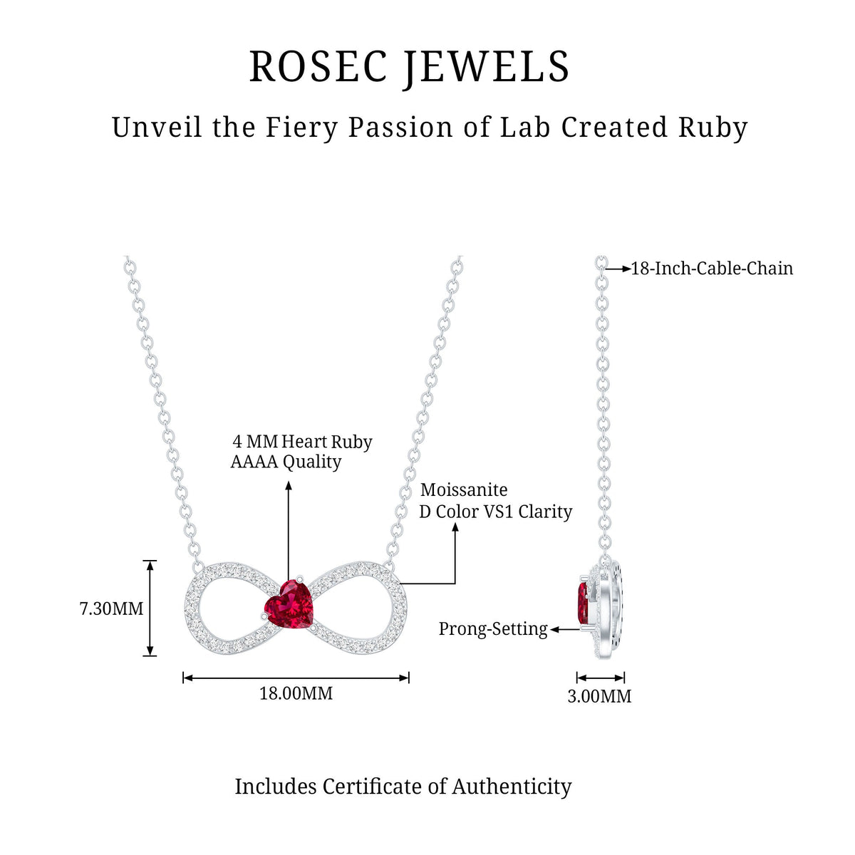 Half Carat Lab Grown Ruby and Moissanite Heart Infinity Necklace For Her