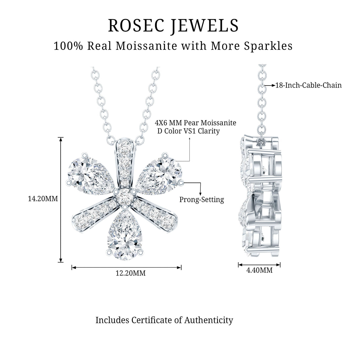 Certified Moissanite Flower Pendant Necklace with Silver Chain