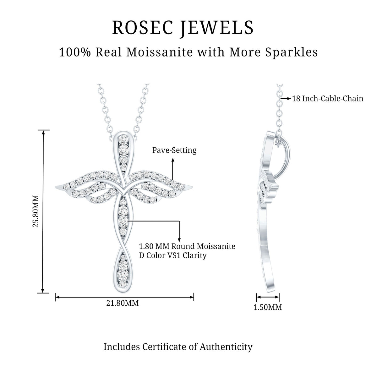 Certified Moissanite Angel Wings Cross Necklace with Silver Chain