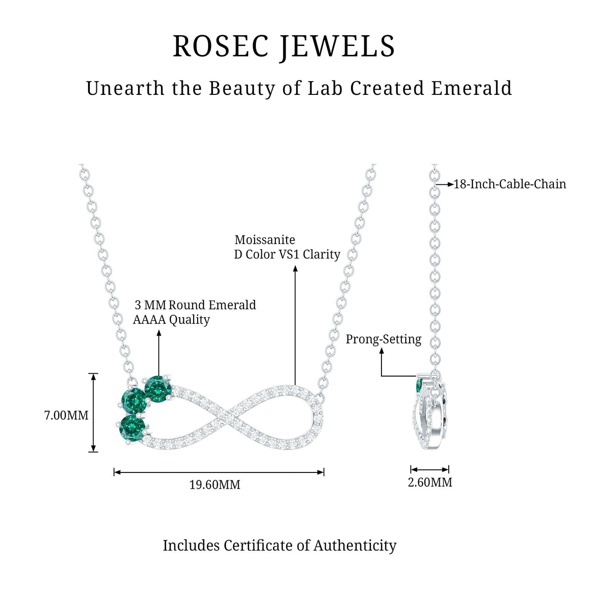 Lab Created Emerald and Moissanite Infinity Necklace with Chain
