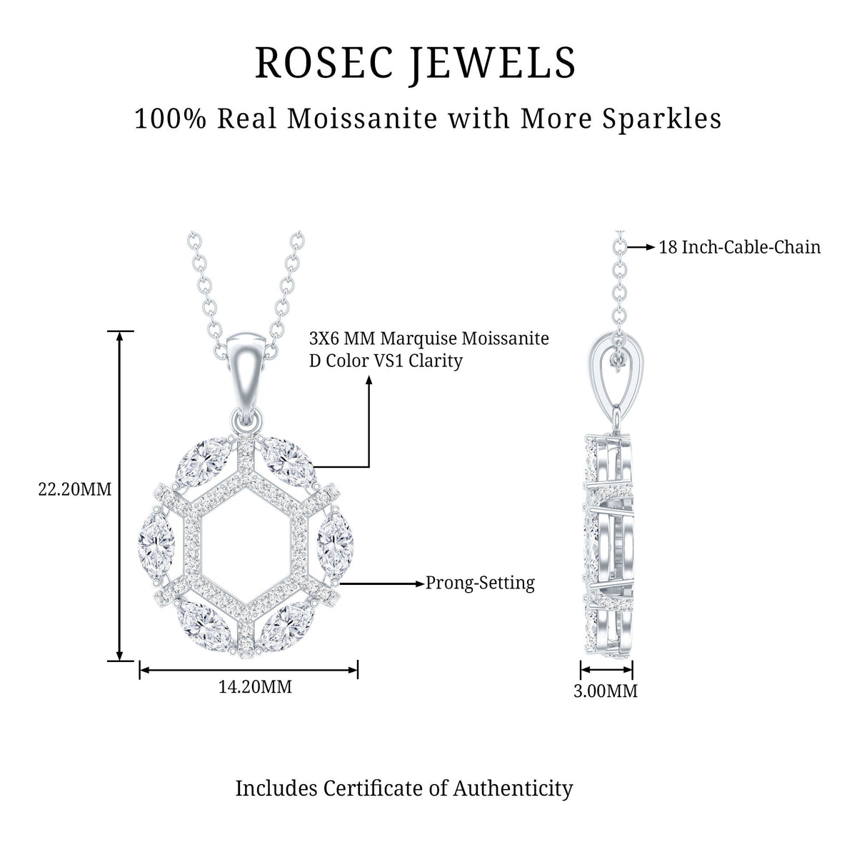 Womens Moissanite Designer Eternity Necklace with Silver Chain