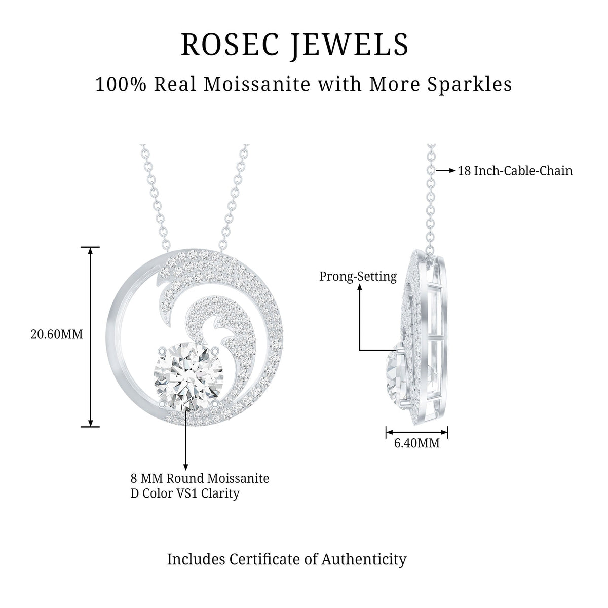 Certified Moissanite Ocean Wave Necklace with Silver Chain
