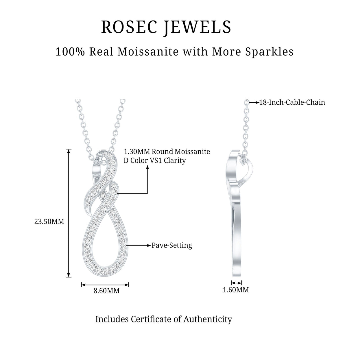Certified Moissanite Infinity Pendant Necklace with Silver Chain