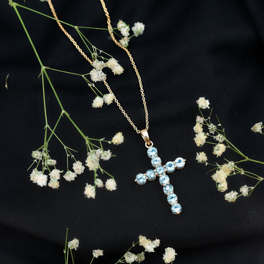 Womens Aquamarine Cross Pendant Necklace with Chain