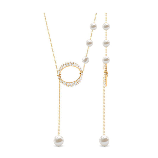 White Freshwater Pearl and Diamond Lariat Eternity Necklace