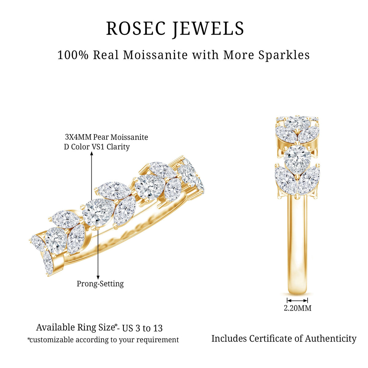 Certified Moissanite Wedding Band in Yellow Gold Plated Silver